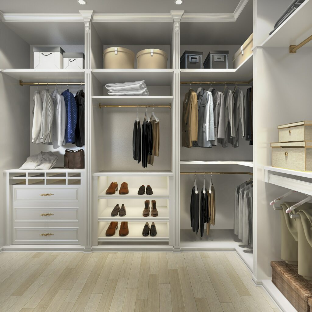 3d rendering luxury scandinavian wood walk in closet with wardrobe